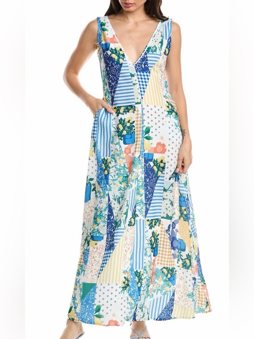 Mediterranean Patchwork Maxi Dress XXL Lemon Floral Boho V-Neck Sleeveless NWT